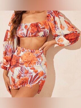 PrettyLittleThing Red and Light Blue Floral Off-Shoulder Top